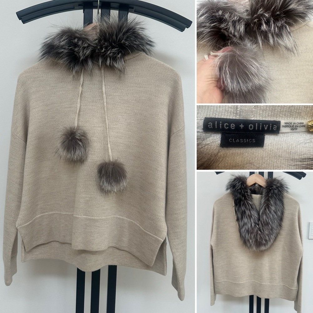 Alice + Olivia Silver Fox Fur Trim Hooded Sweater size XS